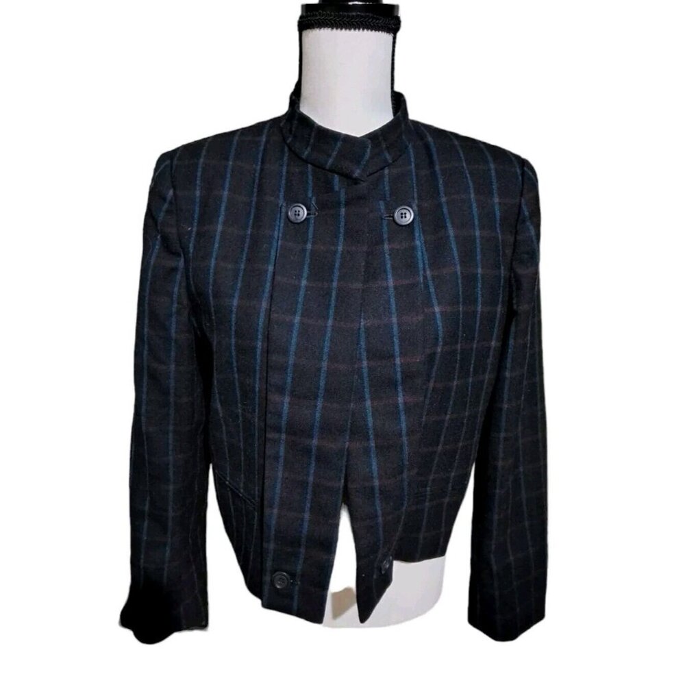 Liz Claiborne Tailored Cropped Wool Blazer Navy Blue Pin Striped 2 Button SZ 12